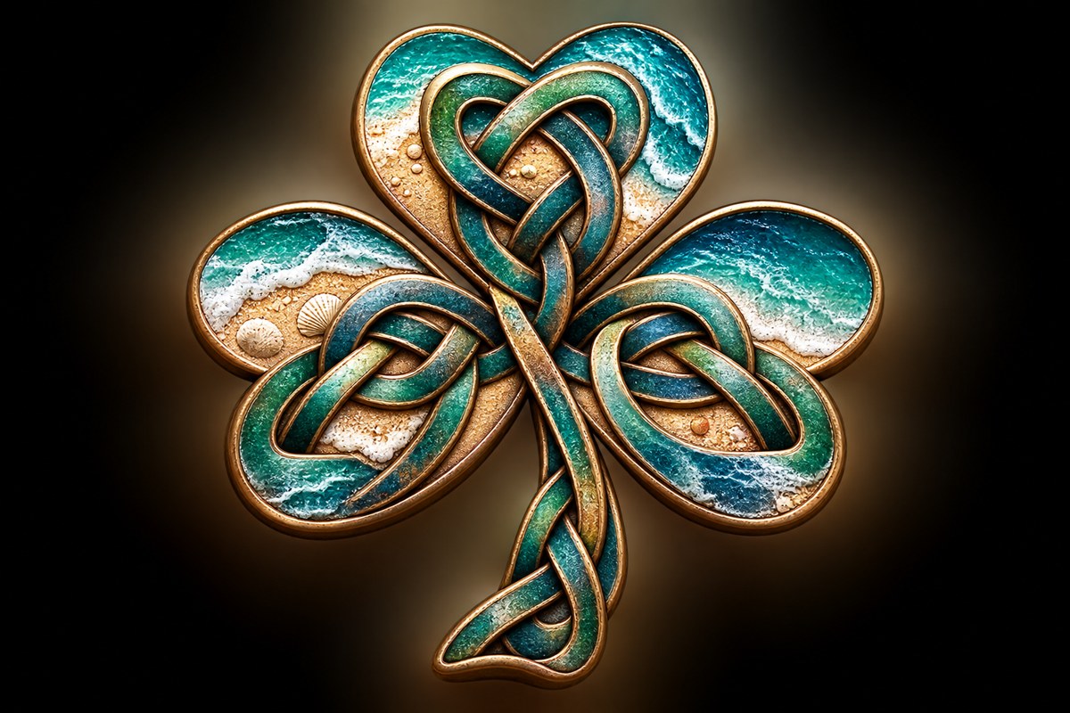 Celtic shamrock with ocean and sand inside each leaf